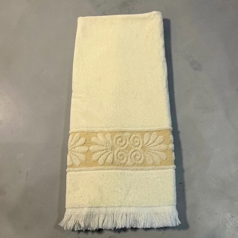Vintage Yellow Cotton Hand Towel Floral Damask Border Fringed Edge Boho Retro